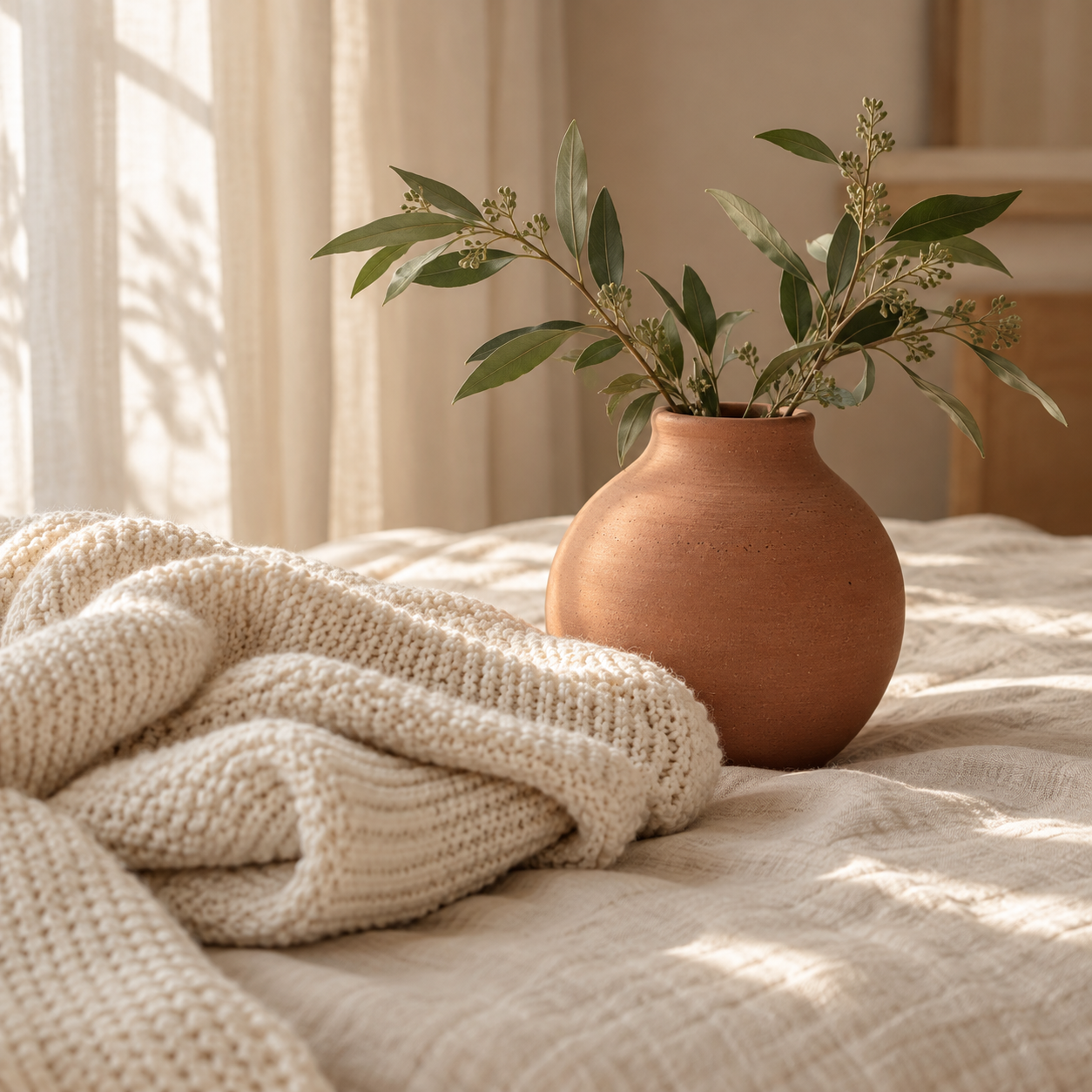 Cream knitted blanket on soft linen beside a terracotta vase with green foliage.